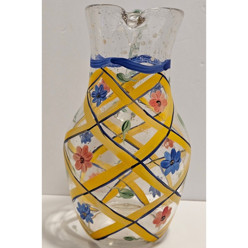 Glass Pitcher Yellow Floral Lattice Design 11" Vintage Hand Blown Painted - Picture 2 of 9